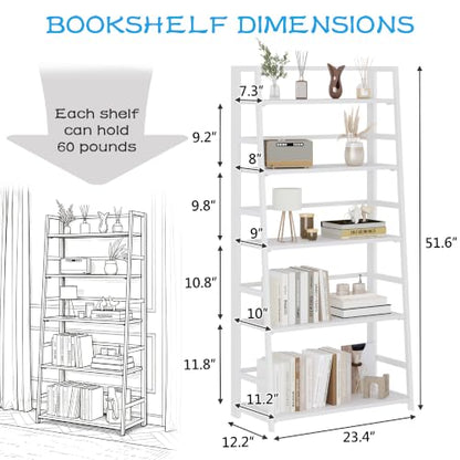 JSB 5 Tier Bookshelf, No Assembly Folding Ladder Bookshelf, 51.6in Tall Foldable Ladder Shelf, Bookcase for Home Office, Living Room,Space-Saving (All White, 5 Tier) - color: All White