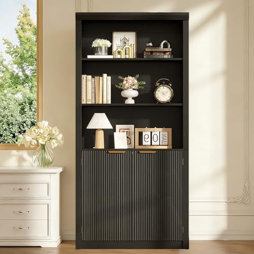 Modern Tall Book Shelf and Bookcase, 31.5"Wide Bookshelf with Doors, Farmhouse Book Case with Adjustable Top Shelf, Wood Storage Cabinet with 5 Tier Display Shelves for Home Office, Living Room, Black | Farmhouse Book Case with Storage, Wood Storage Cabin
