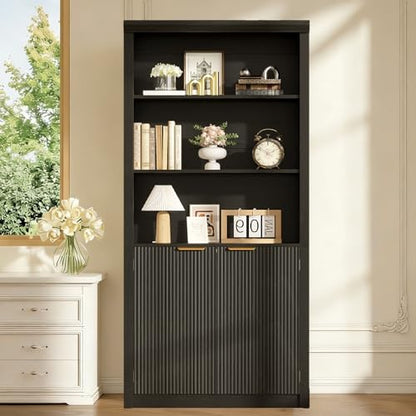 Modern Tall Book Shelf and Bookcase, 31.5"Wide Bookshelf with Doors, Farmhouse Book Case with Adjustable Top Shelf, Wood Storage Cabinet with 5 Tier Display Shelves for Home Office, Living Room, Black | Farmhouse Book Case with Storage, Wood Storage Cabin