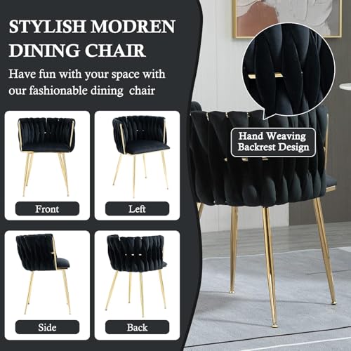 NIOIIKIT Modern Velvet Dining Chairs Hand Weaving Accent Chairs Living Room Chairs Upholstered Side Chair with Golden Metal Legs for Dining Room Kitchen Vanity Living Room (Black) - color: Black