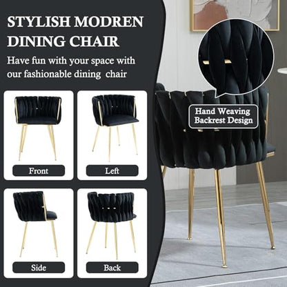 NIOIIKIT Modern Velvet Dining Chairs Hand Weaving Accent Chairs Living Room Chairs Upholstered Side Chair with Golden Metal Legs for Dining Room Kitchen Vanity Living Room (Black) - color: Black