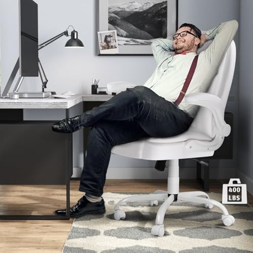 LEMBERI Flip-up Arms Office Desk Chair, Big and Tall Managerial Executive Chair, High Back Computer Chair, Ergonomic Adjustable Height PU Leather Chairs with Cushions Armrest for Long Time Sitting - color: New White