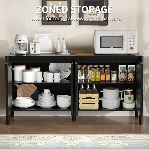 59 Inch Black Buffet Cabinet, Mid Century Wood Sideboard Storage - color: Black