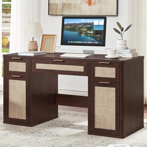 LEYAOYAO Office Desk 56" with 5 Drawers Storage File Cabinet, Walnut - color: Dark Walnut