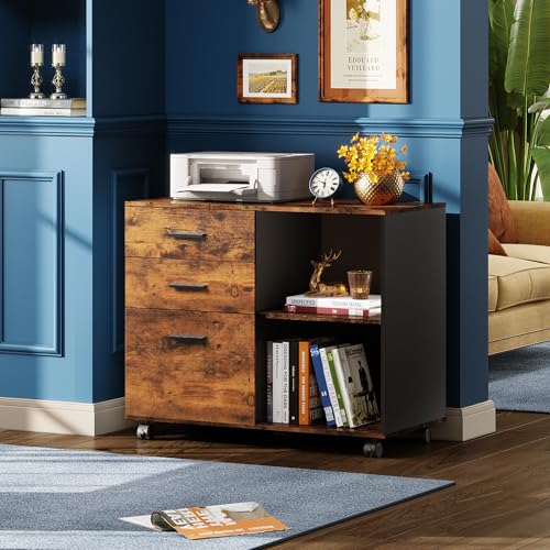 DEVAISE 3-Drawer Mobile File Cabinet, Lateral Filing Cabinet, Rustic Brown - color: Rustic Brown