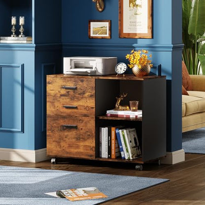 DEVAISE 3-Drawer Mobile File Cabinet, Lateral Filing Cabinet, Rustic Brown - color: Rustic Brown