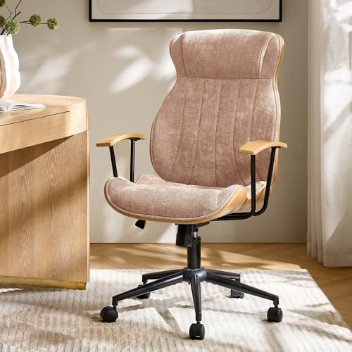HULALA HOME Solid Wood Office Chair with High Backrest, Spice | Mid Century Modern Bentwood Desk Chair with Tilt Function, Swivel Fabric Computer Task Chair, Height Adjustable, Metal Base - color: Spice