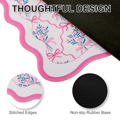 L-SPOUTTO Pink Floral Mouse Pad,Cute Scalloped Desk Mat XXL Gaming Mousepad | Girly Bow Large 35.4x15.7in Non-Slip Rubber Base Keyboard Pad Waterproof Desktop Mat for Laptop Computer Game Home Office - color: Flowers with Bow