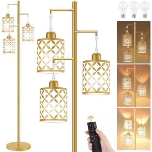 72" Dimmable Floor Lamp with Remote & Timer, Modern Industrial Standing Lamp for Living Room Bedroom, 3 Individually Controlled Heads, 2 Height Options, 3 x 800LM LED Bulbs Included - Gold - color: Gold (Remote-800LM), size: 72"