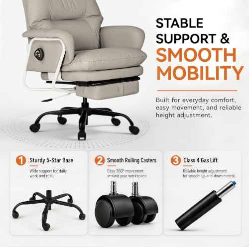 180° Reclining Office Chair with Footrest, PU Leather Desk Chair with 4-Position Backrest and Thick Cushion, Executive Computer Chair for Home Office, Work and Study,Gray - color: Grey