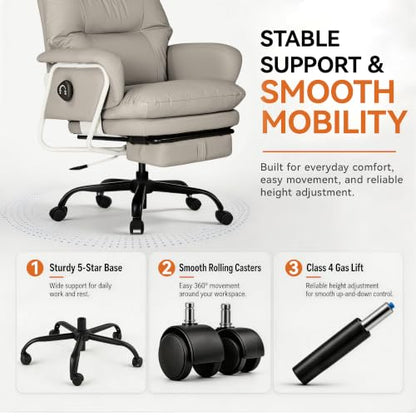 180° Reclining Office Chair with Footrest, PU Leather Desk Chair with 4-Position Backrest and Thick Cushion, Executive Computer Chair for Home Office, Work and Study,Gray - color: Grey