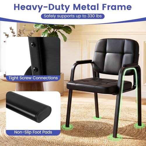 GIANTEX Waiting Room Guest Chairs Set of 2, Leather Office Reception Chairs with Padded Armrests, Metal Frame, Stationary Side Chairs No Wheels for Conference Meeting Lobby Home, Black