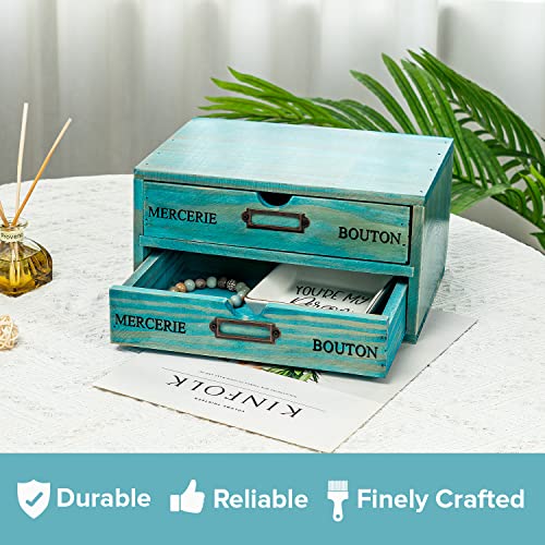 Turquoise 2-Tier Drawer Unit - European Country Style Desk Organizer Box - 9.7x7x5.1" Teal Wooden Stackable Drawers - Countertop Organizer Drawers w/Label Holder - Double File Drawer Unit - style: 2 Drawer I 5.1"