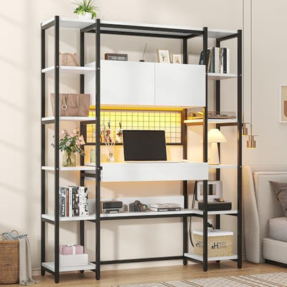 Triple Width 5 Tier Bookshelf with Sorage Cabinet,70.87"large Bookshelf with 12 Open Display Shelves,Industrial Bookshelf LED Lighting and Power Outlet.Suitable for Office Bedroom, Black+White - color: Black+white