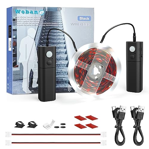 WOBANE Dual Motion Sensor Light Strip, Rechargeable 16.4ft White LED Lights | 150 LEDs Tape Lighting for Stairs,Under Cabinet,Closet,Shelves,Gun Safe Light, Hallway,Cuttable,Flexible,6000K White,Black - color: White, size: 16.4ft Black