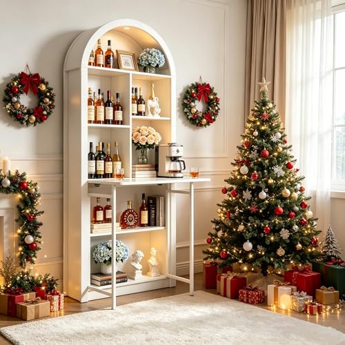 70.8" Tall Arched Bookcase & Folding Craft Desk,Convertible Hideaway,White - color: Brown, size: 29.53"L x 9.45"W x 70.8"H
