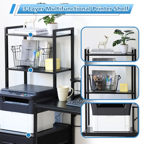 KATHY&BOB 59.1" Computer Desk with Power Outlets and Storage Shelves, Reversible Home Office Desk with 2 Fabric Drawers, Sturdy Writing Table with Detachable Monitor Stand for Small Spaces - color: Black