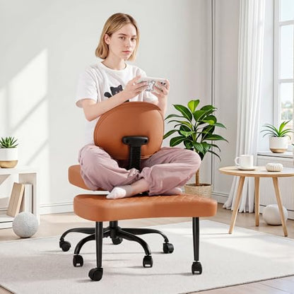 GUNJI Ergonomic Criss Cross Legged Office Chair, 360° Swivel Meditation Kneeling Chair with Wheels, ADHD Chair with Footrest, Lumbar Support, Wider Height Adjustable Seat (Brown, Faux Leather) - color: Brown