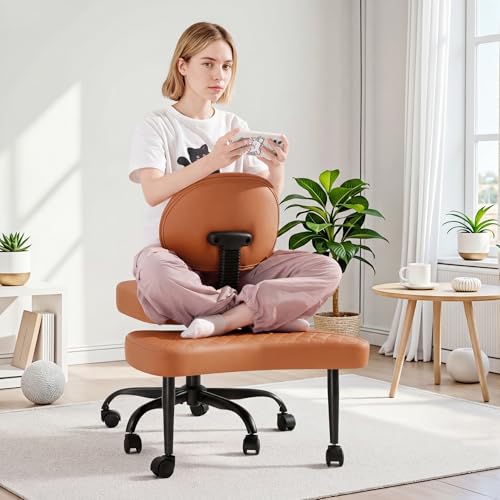 GUNJI Ergonomic Criss Cross Legged Office Chair, 360° Swivel Meditation Kneeling Chair with Wheels, ADHD Chair with Footrest, Lumbar Support, Wider Height Adjustable Seat (Brown, Faux Leather) - color: Brown
