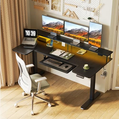 OffiGo 63 Inch U Shaped Electric Standing Desk with Keyboard Tray, Black - color: Black, size: 63 Inch