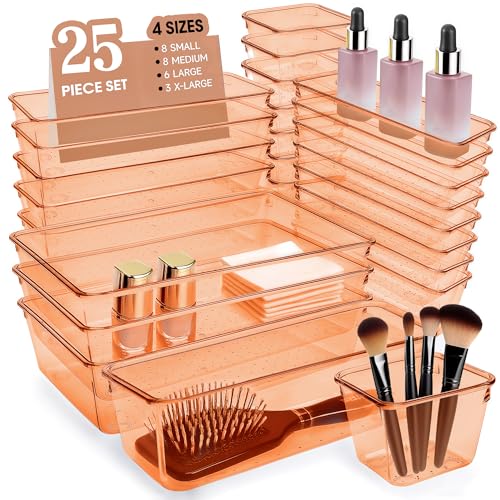 Coffee Acrylic Drawer Organizers Set Storage for Makeup, Office Desk Small Vanity Trays for Drawer Bathroom Plastic Make up Organizers 25 Pcs - color: Clear Coffee