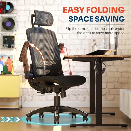GABRYLLY Ergonomic Office Chair, High Back Home Desk Chair with Headrest, Flip-Up Arms, 90-120° Tilt Lock and Wide Cushion, Big and Tall Mesh Chairs for Man Woman, Black Task Chair(Dark Woodgrain) - color: Black Frame Dark Woodgrain
