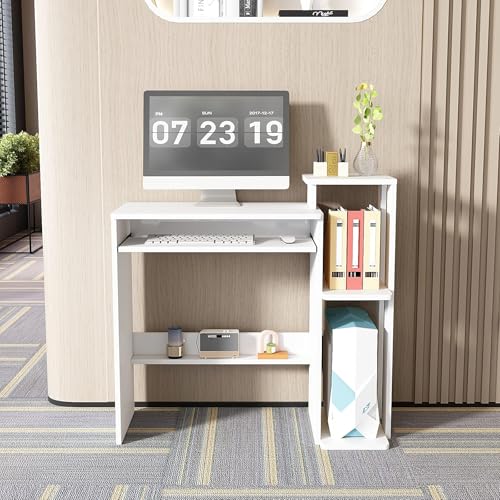 35" Compact Computer Desk with 3-Tier Storage Shelves & Keyboard Tray – Small Study Table for Bedroom or Home Office (White) - color: White