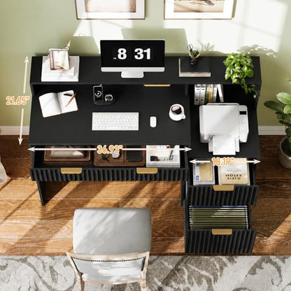 Vabches Fluted Computer Desk with Drawers, Home Office Desk with Power Outlets, Printer Stand and Storage Cabinet, Study Writing Desks with Long Monitor Stand, Black - color: Black