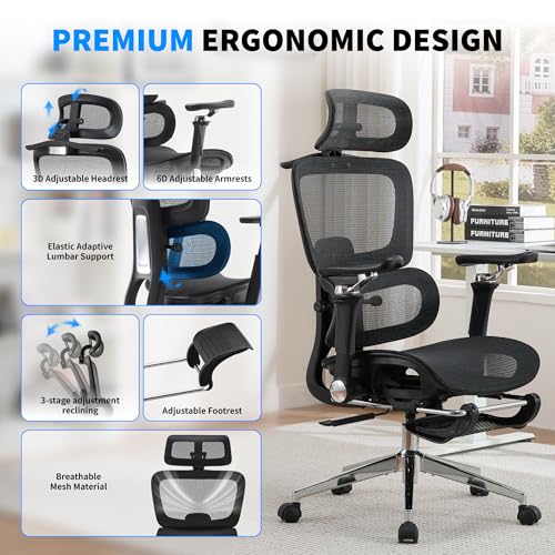 Mesh Ergonomic Office Chair with Footrest,Black | 6D Armrests,High Back Mesh Gaming Chair with Lumbar Support,Adjustable 3D Headrest for Home Office Desk Chair - color: Black, style: Executive