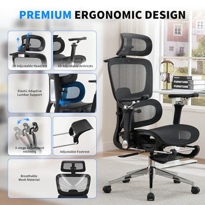 Mesh Ergonomic Office Chair with Footrest,Black | 6D Armrests,High Back Mesh Gaming Chair with Lumbar Support,Adjustable 3D Headrest for Home Office Desk Chair - color: Black, style: Executive