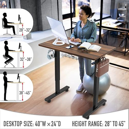 SHW Mobile Electric Height Adjustable Standing Desk w/Drawer, Black | 40" Wide Top | w/ Memory Presets and Cable Management | Drawer with adjustable compartments | Hanging Hooks - color: Walnut