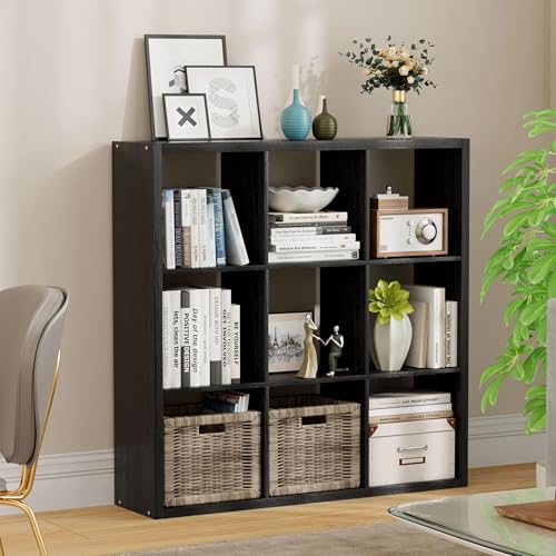 9 Cube Storage Organizer, Wooden Cube Shelf Bookcase with Reinforced Thick Shelves, Heavy-Duty 36.93" L x 9.37" W x 36.93" H, for Living Room Bedroom Home Office, Black - color: Black, size: 9 Cube-36.93" L x 9.37" D x 36.93" H