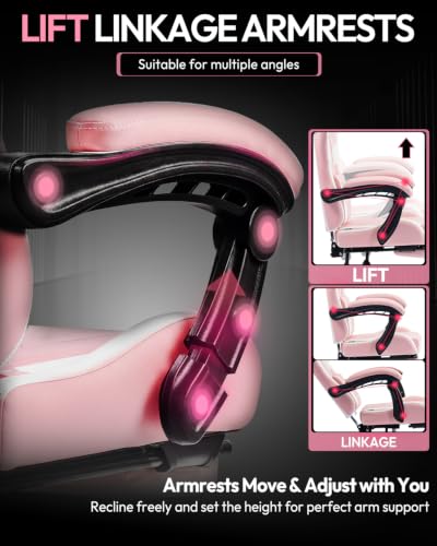 Dowinx Ergonomic Gaming Chair with Footrest & Massage Lumbar, 2D-Linkage Armrests for Computer Chair 330lbs with Headrest Pillow for Office, Home, Streaming and Long Gaming Sessions, Bright Pink - color: Blush Pink
