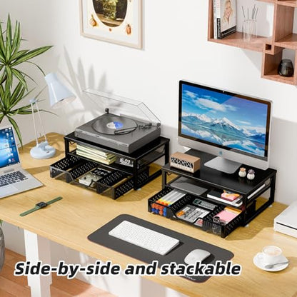 Simple Trending 2-Tier Monitor Stand Riser, Laptop & Printer Stand, Black | Metal Desk Organizer with Drawer, Desktop Organizer, Sturdy Material, for Home Office, 16.34"W x 10.35"D x 3.5"H - size: 16.34"W x 10.35"D x 3.5"H