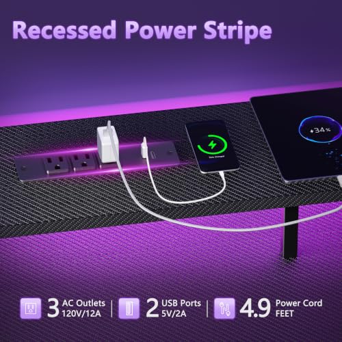 Korfile 55 Inch Gaming Computer Desk with Power Outlets,LED,5 Drawers,Black - color: Black, size: 55 Inch