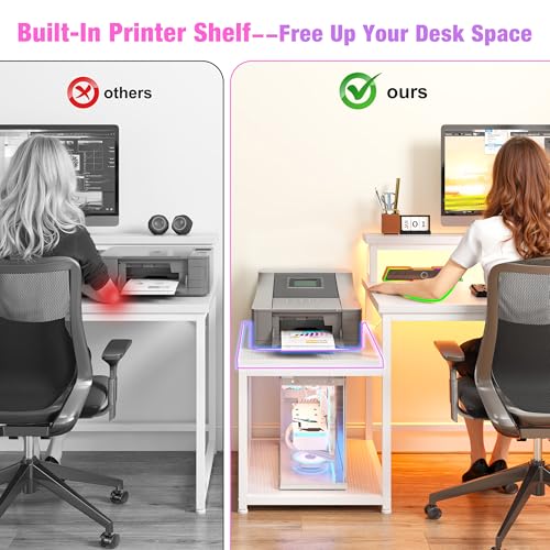 EnHomee 63" L Shaped Gaming Desk with LED Lights & Power Outlets,White - color: White, size: 63"W