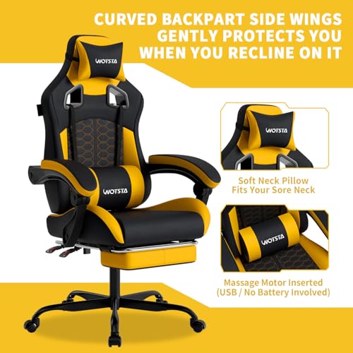 Gaming Chair with Massage,Ergonomic PC Gaming Chair with Footrest Comfortable Headrest and Lumbar Support,High Back Game Chair PVC Leather,300LBS (BlackYellow) - color: Blackyellow
