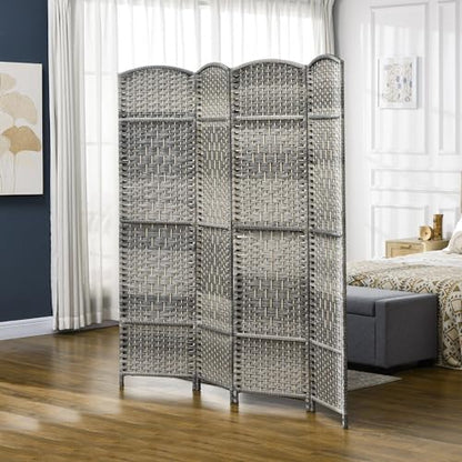 HOMCOM 4 Panel Room Divider 6 Ft Privacy Screen Hand-Woven Mixed Gray | Folding PP Wall Partition, Pine Wood Frame, Freestanding Room Separator, Bedroom Home Office, No Assembly - color: Mixed Gray, size: 4 Panel