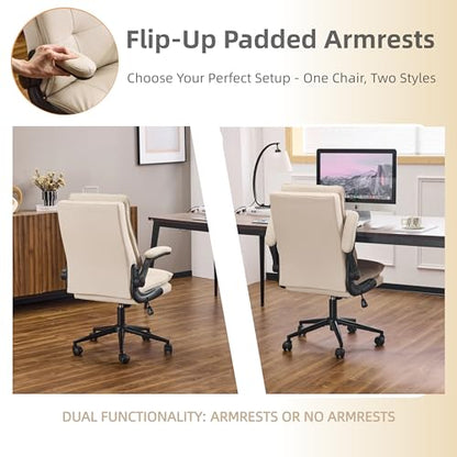 VINGLI Comfy Beige Leather Office Desk Chair, High-Back Support Ergonomic Computer Task Gaming Chair,with Removable wheels,360° Swivel,Adjustable Height,Flip-Up Arms,for Adults,Teen,Vanity,Home Office - color: Light Khaki-cat Scratch Pu