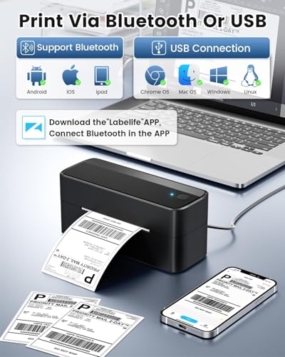 Phomemo Bluetooth Shipping Label Printer, 241BT 4x6 Thermal Label Printer | Wireless Label Printer for Small Business and Shipping Package, Compatible with iPhone, Android, Amazon, Shopify, USPS, Black - color: Black