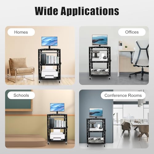 AV Cart with Wheels and Power, Mobile Computer Cart Workstation | 4 Tier Storage, Locking Wheels, Power Outlet & USB Ports,Steel Utility Cart for Office Classroom Warehouse - size: 24x18x42in
