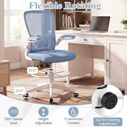 COSTWAY Drafting Chair with Flip-up Armrests & Adjustable Foot Ring, 1 Pack - color: Blue