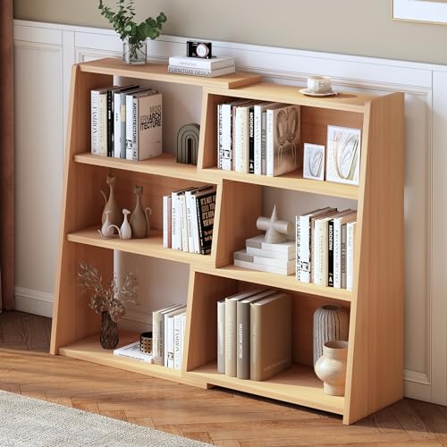 IOTXY Wooden Extendable Shelf Bookcase, 3-Tier Low Bookshelf, Oak, S | Adjustable Two-piece Design, 6 Open Cubbies, Extends 23.6"-43.3" for Straight Walls, Corners, and Small Spaces - color: Oak, size: Small