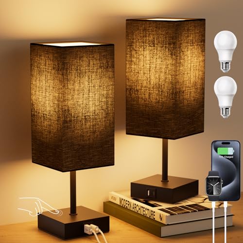 Touch Bedside Table Lamp for Bedroom, 14-Inch, Black, Set of 2 | USB A+C Ports, Touch 3-Way Dimmable LED Bulb Included Fabric Lampshade Metal Base Small Nightstand Lamp for Desk Living Room - color: Black, size: 2-Pack