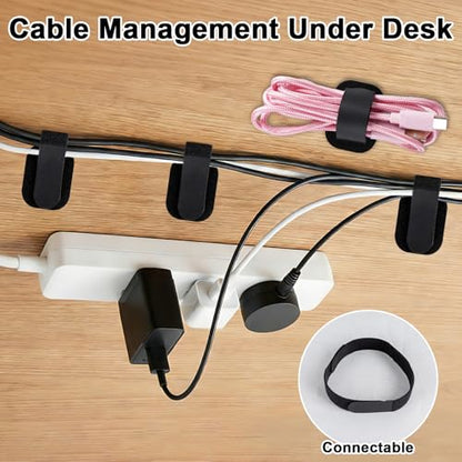 Under Desk Cable Management, Self-Adhesive Hook and Loop Straps, Adjustable Reusable Wire Organizer for Home Office Essentials (20 Pairs) - color: Black