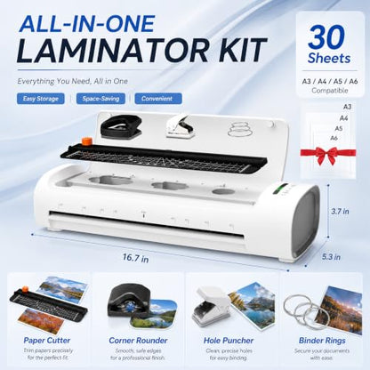 13 Inch Laminator Machine with 30 Laminating Sheets, A3 11-in-1 Hot & Cold Thermal Laminator for Teachers, 60S Fast Warm-Up, 450mm/min, Never-Jam Design Laminate for Home, Office, School -White