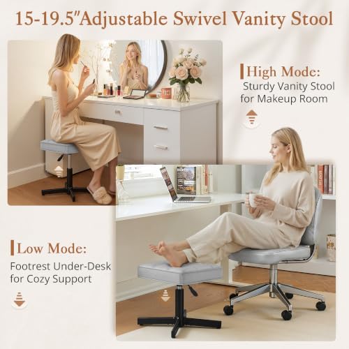 LUE BONA Adjustable Vanity Stool, 15''-19.5'' Foot Rest Under Desk, 360° Swivel Vanity Chair for Makeup Room, Silver Upholstered Faux Leather Ottoman for Bathroom & Living Room, 300lbs - color: Silver