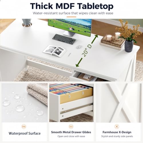 JSB 47.2 Inch White Computer Desk with 3 Drawers for Home Office Bedroom - color: White, size: 47.2in