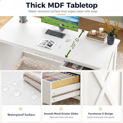 JSB 47.2 Inch White Computer Desk with 3 Drawers for Home Office Bedroom - color: White, size: 47.2in