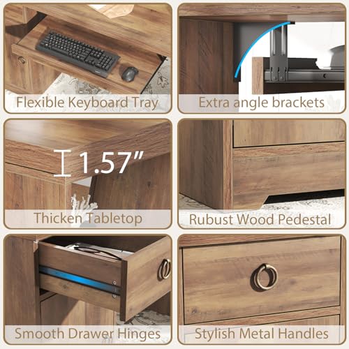 HSH 55" Computer Desk,Farmhouse Home Office Desk Keyboard Tray Rustic Oak | Executive Wood Work Study Writing Pc Table Studio Desks with Storage Drawers Wooden Workstation with Shelves and Cabinet - color: Rustic Oak